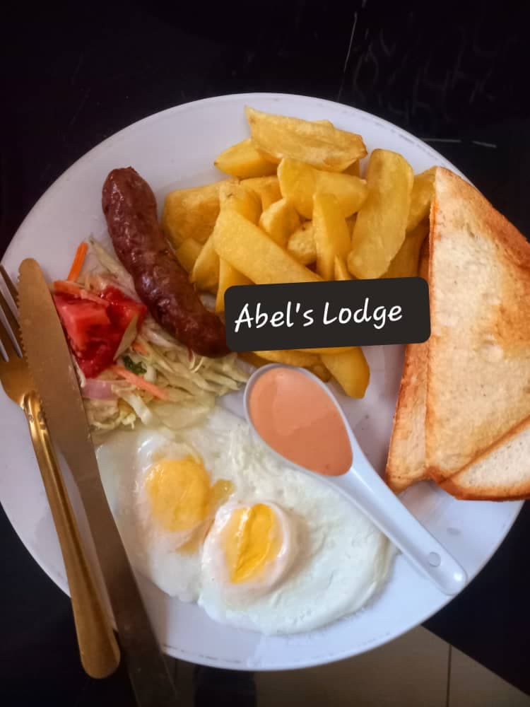 Breakfast plate with fried eggs, chips, a grilled sausage, toast and coleslaw with tomato