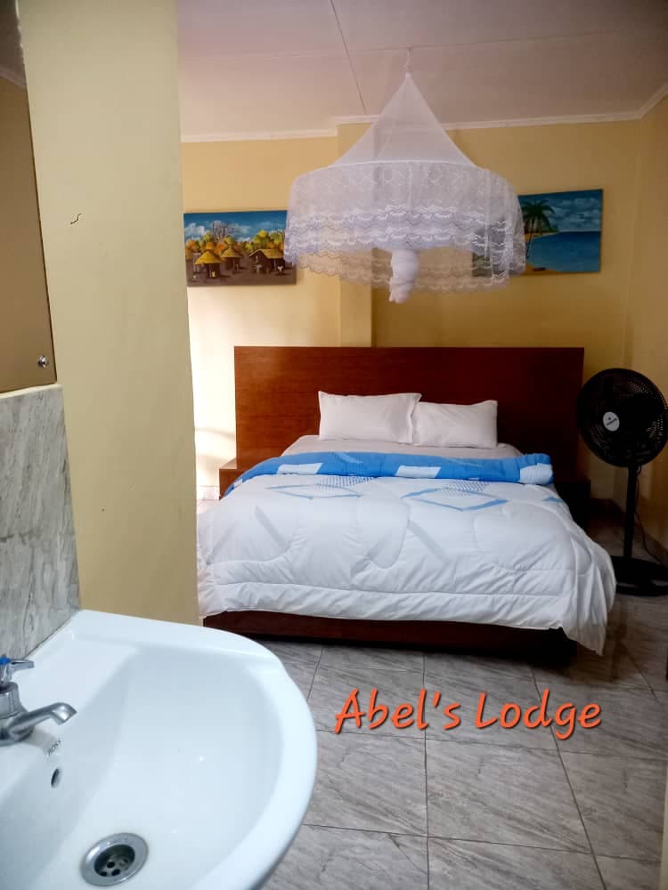 Bright guest room with a white duvet, a mosquito net, a wooden headboard and colourful paintings of a village and a palm-lined beach